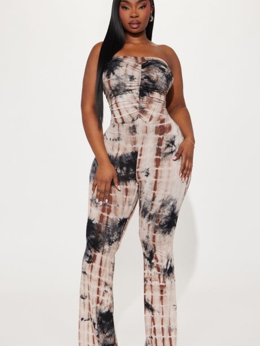 Fashion Nova Strapless Tie-Dye Jumpsuit in Brown & Black